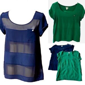 Pair Odille Anthropologie 100% Silk Sheer Stripe Blouses, Blue and Green, Sz - 8